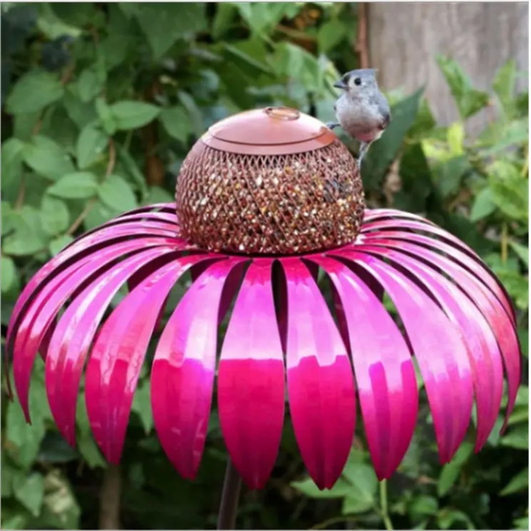 Metal Pink Coneflower Birdfeeder