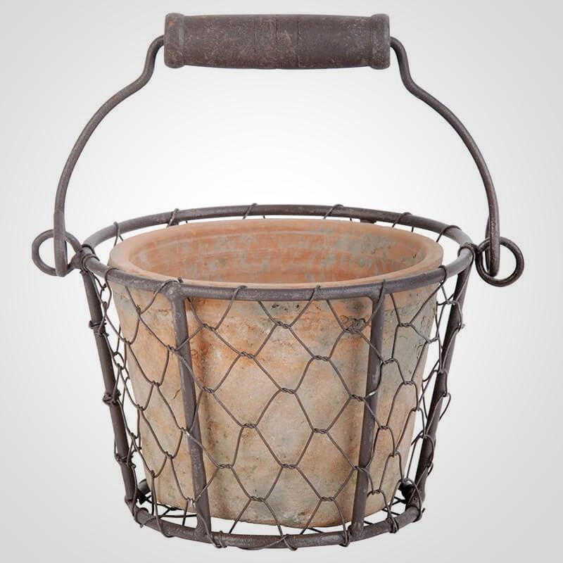 Aged Terracotta Single Flower Pot in Metal Basket w/Handle