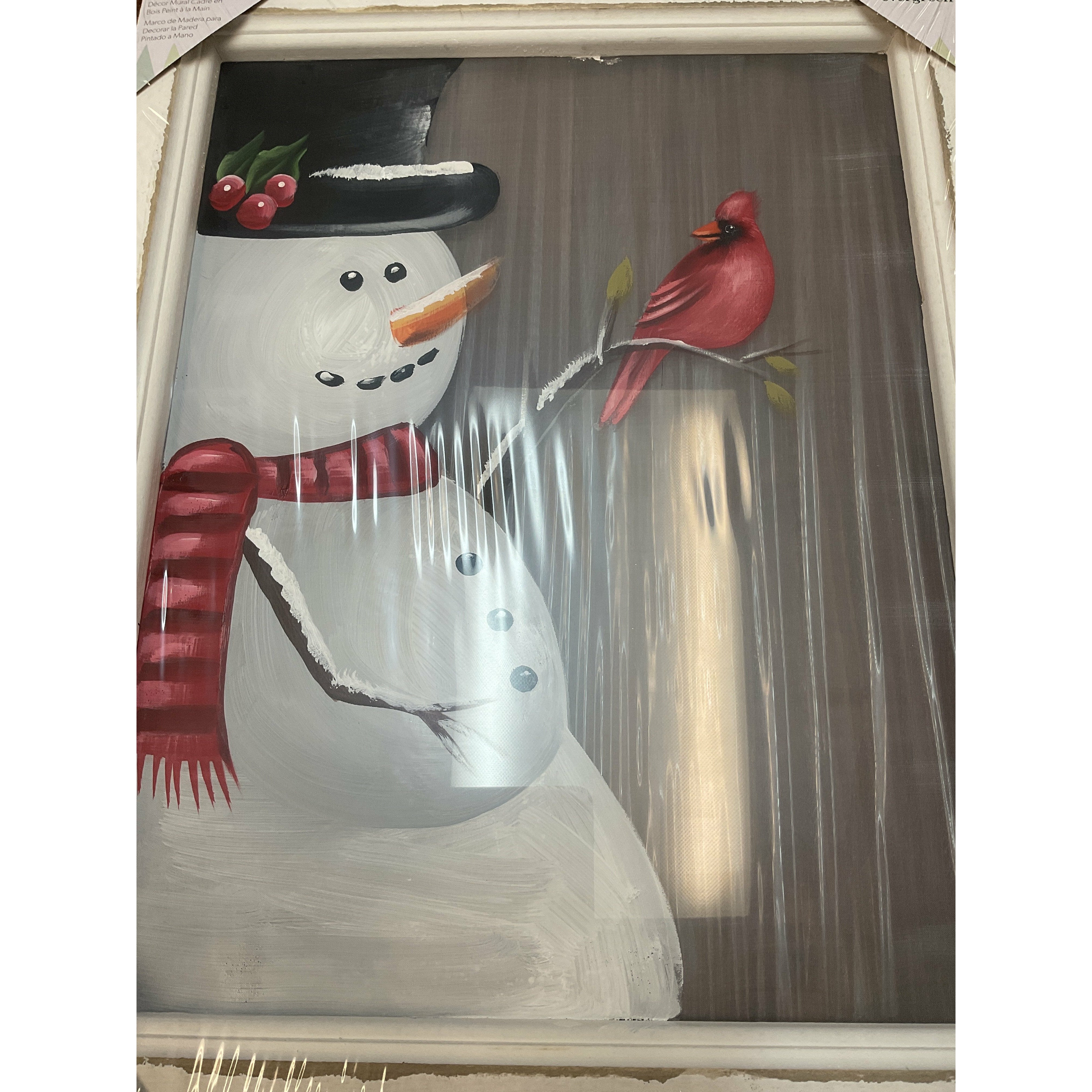 HAND PAINTED SCREEN SNOWMAN WITH CARDINAL, WOOD FRAMED